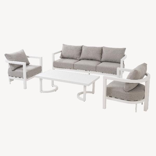 SET 4 EXTERIOR AVA, SOFAS Y MESA DE CENTRO ALUMINIO BLANCO Y TEJIDO BEIGE