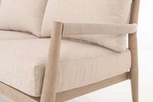 Set terraza Formentor, sofa, 2 butacas y mesa centro aluminio imitación madera y asiento beige