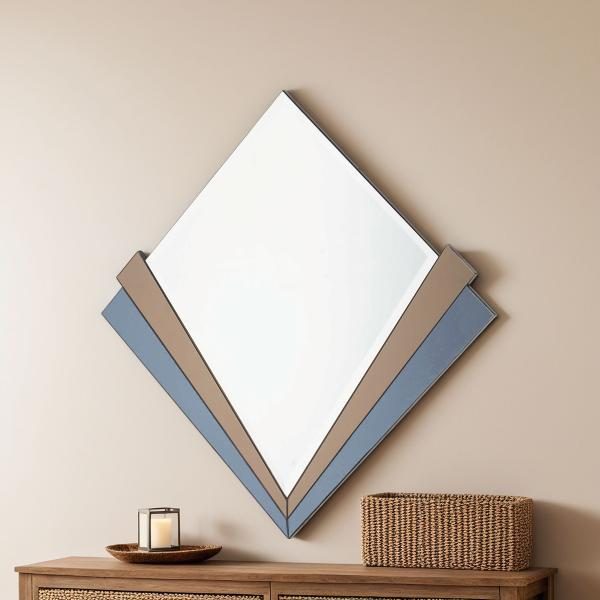 ESPEJO ART DECO. MARCO ESPEJO MARRÓN Y AZUL. 90X90 CM