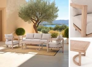 Ava outdoor set, sofa, 2 armchairs and sofa table in wood-effect aluminum and beige fabric