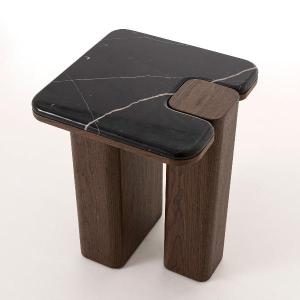 Mesa auxiliar Delfos, chapa nogal y porcelanico blanco 51 cm