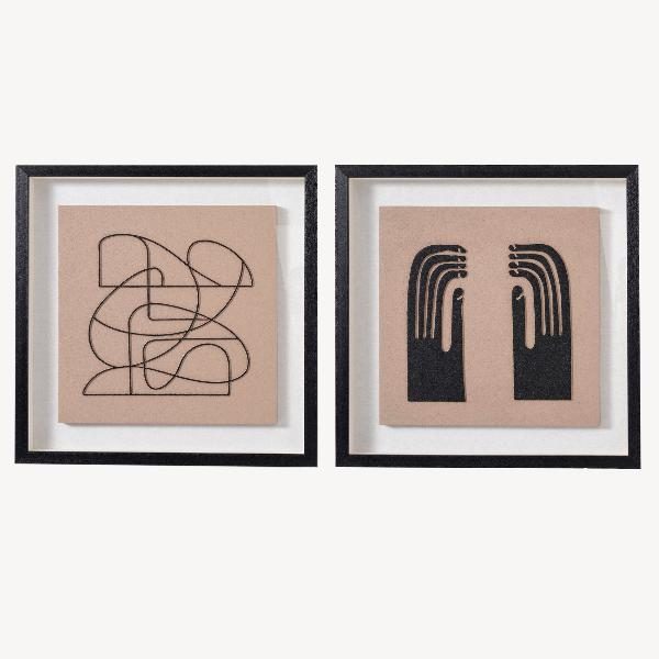 CUADROS VITRINA 60*60 CM, MARCO NEGRO Y ESCULTURA MADERA TALLADA BEIGE Y NEGRO