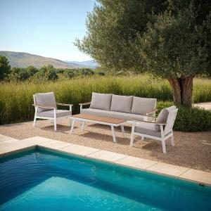 Set de exterior Corinto extructura blanco con madera y tejido beige