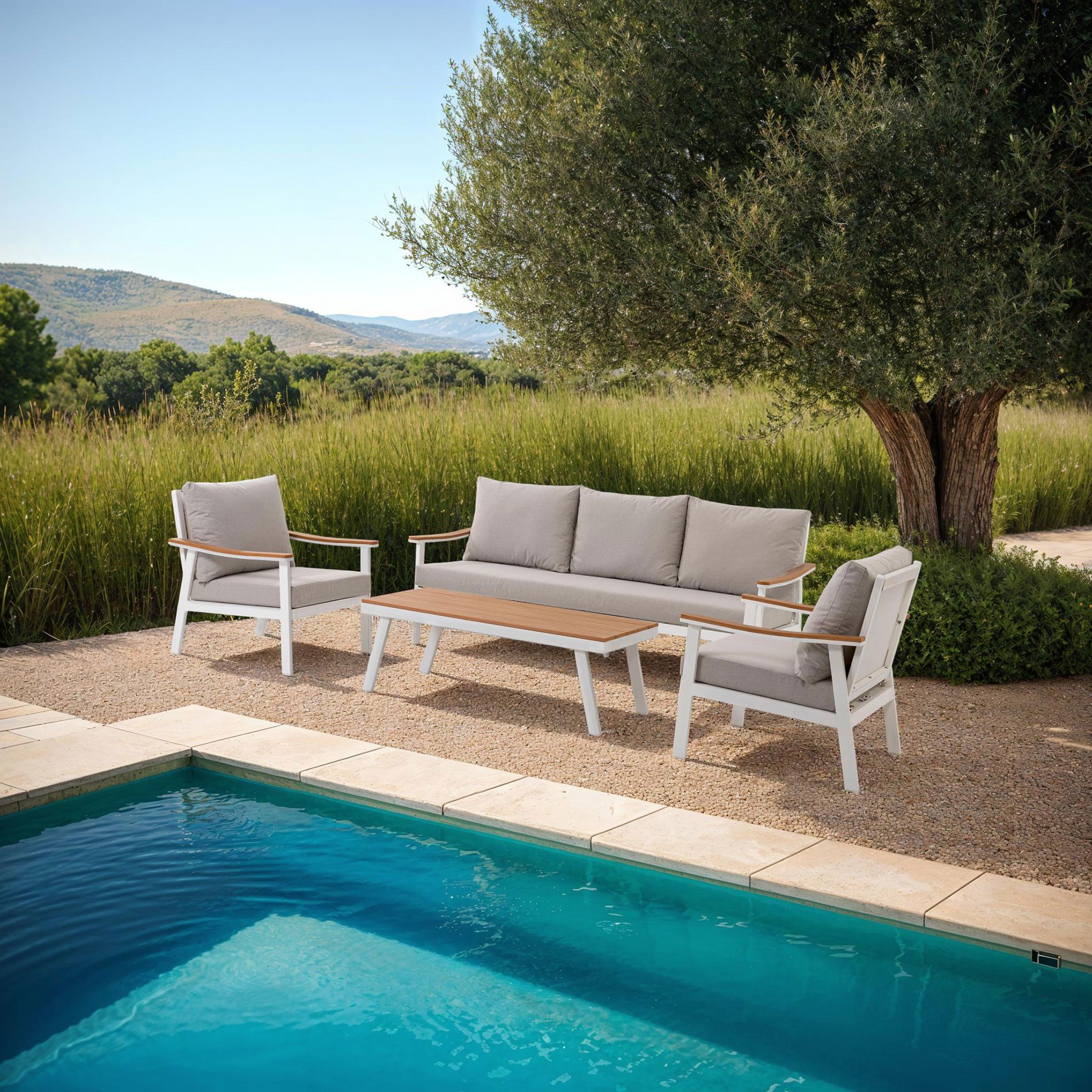 Set de exterior Corinto extructura blanco con madera y tejido beige