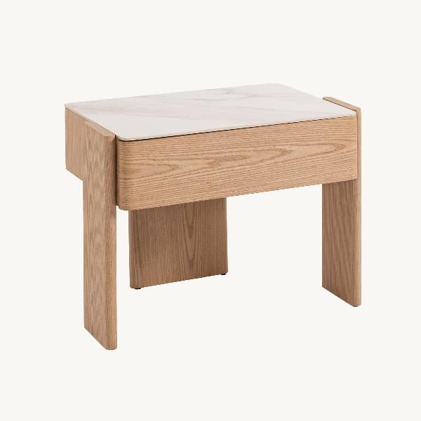 MESITA GIO. 1 CAJÓN, CHAPA MADERA ROBLE Y TAPA PORCELÁNICO BLANCO. 60.5*38*45.5 CM