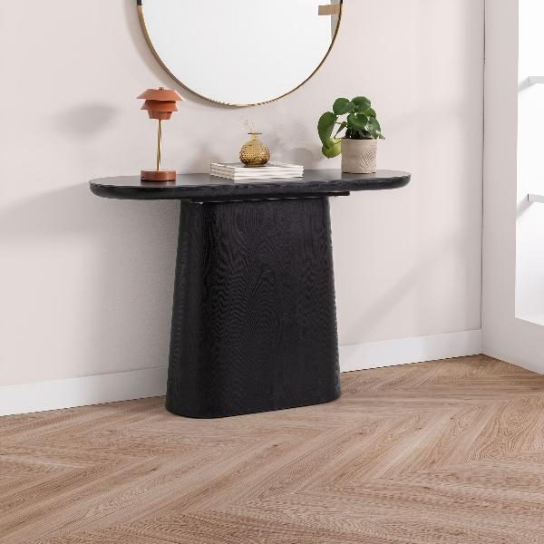 CONSOLA 120*80*40 CM. TAPA PORCELANICO NEGRO, PIE CHAPA MADERA ROBLE NEGRO