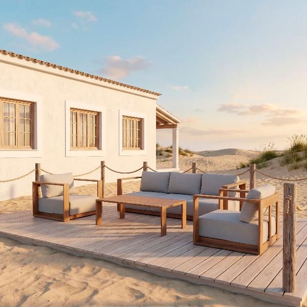 CONJUNTO  EXTERIOR ALTEA, SOFA, 2 BUTACAS Y  MESA DE CENTRO ALUMINIO EFECTO MADERA Y TEJIDO BEIGE.