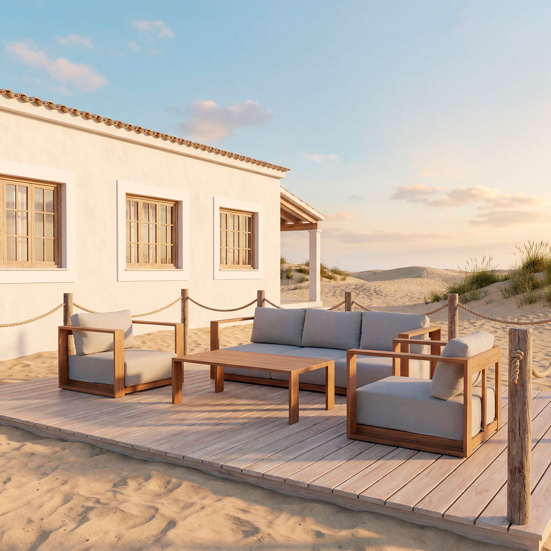 Conjunto exterior Altea, sofa, 2 butacas y mesa centro aluminio efecto madera y tejido beige