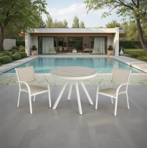 Mesa redonda Martina 80 cm diametro, aluminio blanco y tapa efecto marmol beige