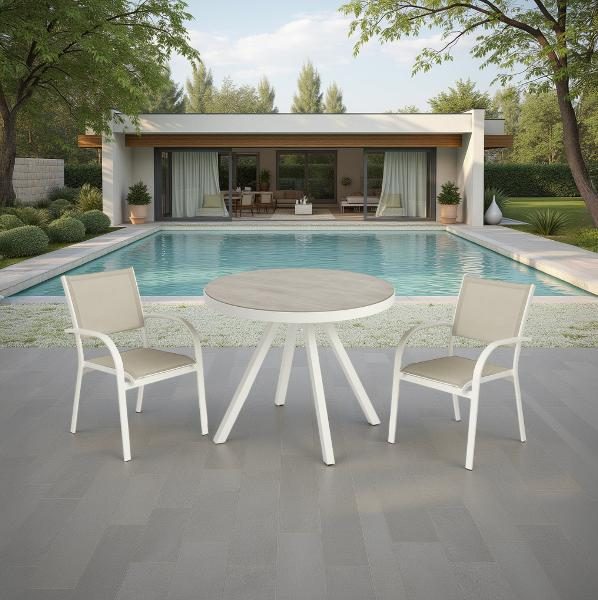 MESA REDONDA MARTINA 80 CM, ALUMINIO BLANCO Y TAPA CRISTAL TEMPLADO EFECTO MARMOL. 80*80*75 CM