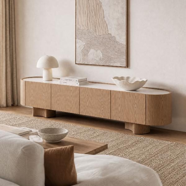 MUEBLE TV POMPEYA. 3 PUERTAS. CHAPA ROBLE Y PORCELÁNICO BLANCO. 221*45.5*50 CM