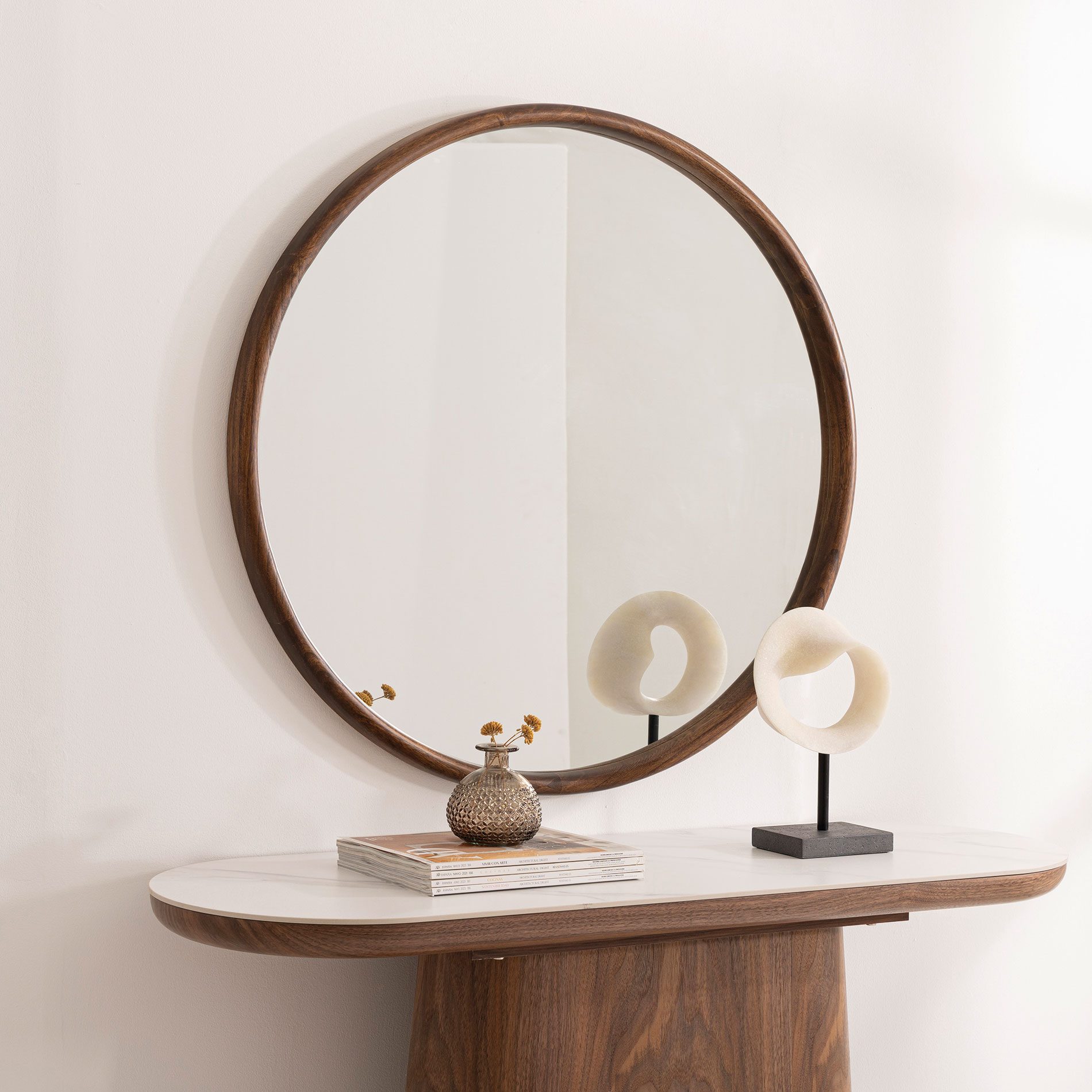 Espejo circular 90x90 cm madera maciza nogal