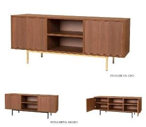 TV cabinet 2 doors + 2 holes, walnut melamine, metal base