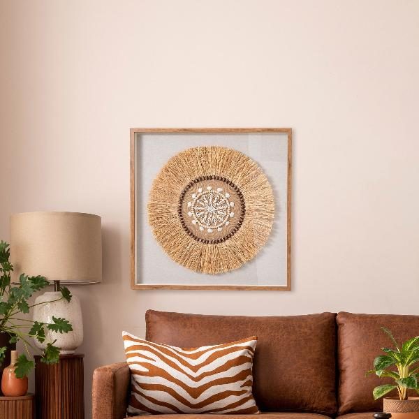 CUADRO VITRINA 100*100 CM, MARCO ROBLE, ESCULTURA FIBRA NATURAL Y CONCHAS MARINAS