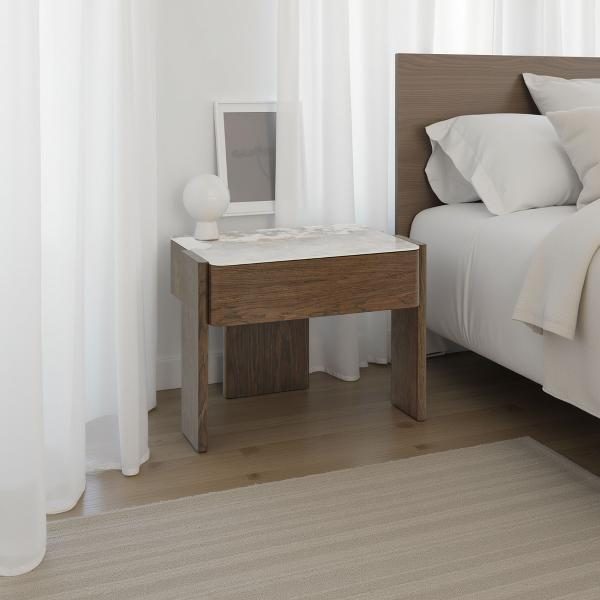 MESITA GIO. 1 CAJÓN, CHAPA MADERA NOGAL Y TAPA PORCELÁNICO BLANCO. 60.5*38*45.5 CM