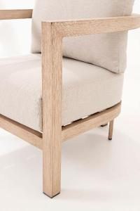 Ava outdoor set, sofa, 2 armchairs and sofa table in wood-effect aluminum and beige fabric