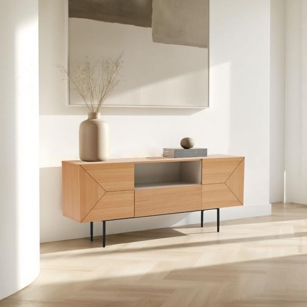 APARADOR KALMAR 180*40*76 CM. CHAPA DE ROBLE NATURAL Y LACADO AQUAMARINA. PATAS METAL NEGRO (KIT)