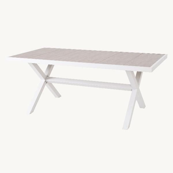 MESA PARA EXTERIOR 185*94*75 CM, ALUMINIO BLANCO Y TAPA CERAMICA EFECTO MADERA