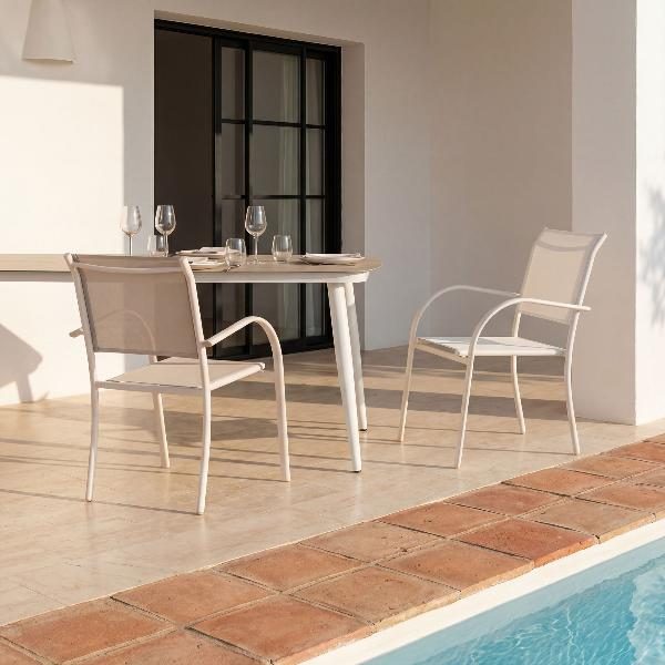 SILLA VALENTINA APILABLE, ALUMINIO BLANCO Y TEXTILENE BLANCO. 86*56*64 CM