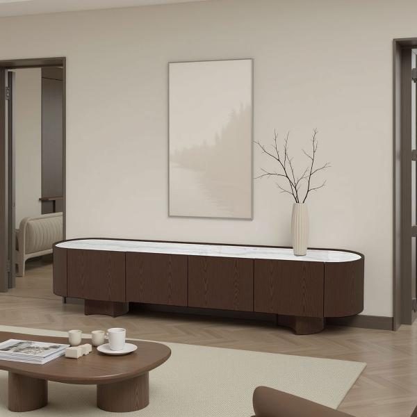 MUEBLE TV POMPEYA. 3 PUERTAS. CHAPA NOGAL Y PORCELÁNICO BLANCO. 221*45.5*50 CM