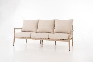 Set terraza Formentor, sofa, 2 butacas y mesa centro aluminio imitación madera y asiento beige