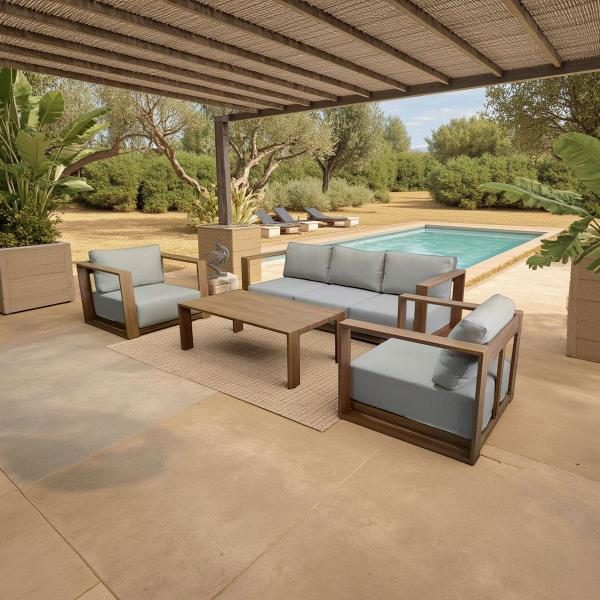 CONJUNTO  EXTERIOR ALTEA, SOFA, 2 BUTACAS Y  MESA DE CENTRO ALUMINIO EFECTO MADERA Y TEJIDO BEIGE.