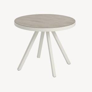 Mesa redonda Martina 80 cm diametro, aluminio blanco y tapa efecto marmol beige