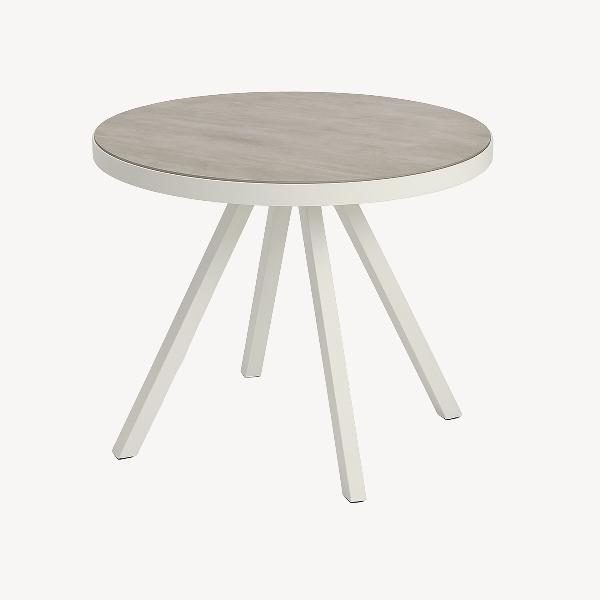 MESA REDONDA MARTINA 80 CM, ALUMINIO BLANCO Y TAPA CRISTAL TEMPLADO EFECTO MARMOL. 80*80*75 CM