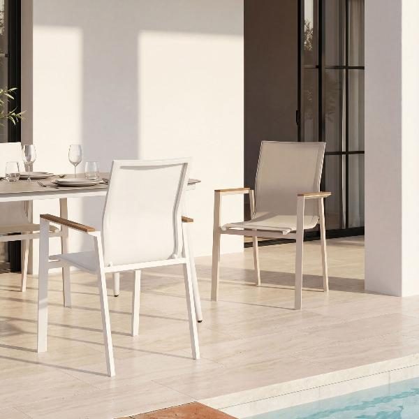 SILLA ENMA APILABLE EXTERIOR, ALUMINIO BEIGE Y TEXTILENE BEIGE 86*56*64 CM