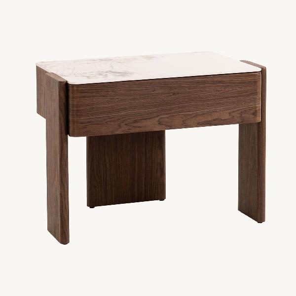 MESITA GIO. 1 CAJÓN, CHAPA MADERA NOGAL Y TAPA PORCELÁNICO BLANCO. 60.5*38*45.5 CM
