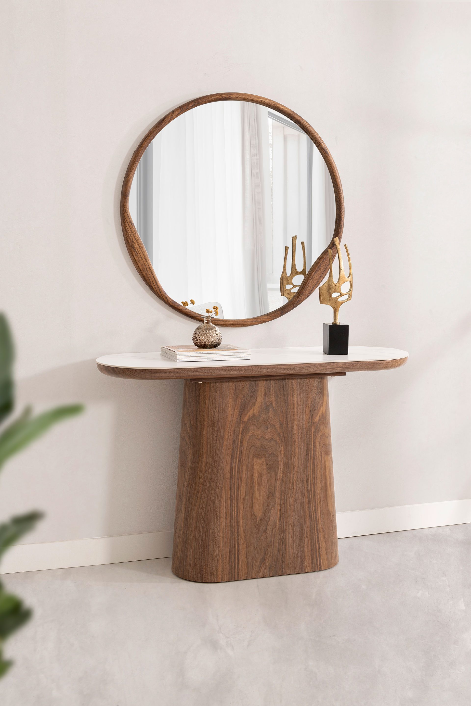 Consola 120 cm. Chapa nogal y pórcelanico blanco