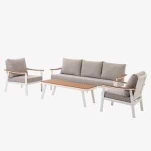 Set de exterior Corinto extructura blanco con madera y tejido beige