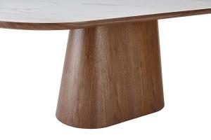 Mesa comedor con pie chapa nogal y tapa en porcelánico blanco