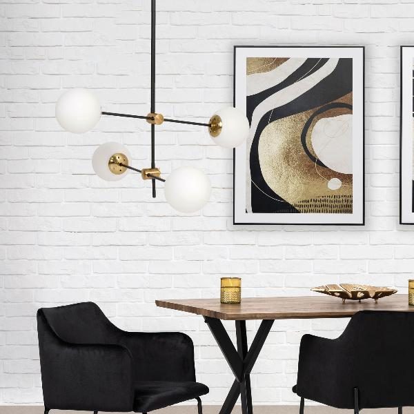 LÁMPARA TECHO METAL NEGRO CON DETALLES DORADOS. 4 TULIPAS CRISTAL BLANCO MATE. 55*100*55 CM