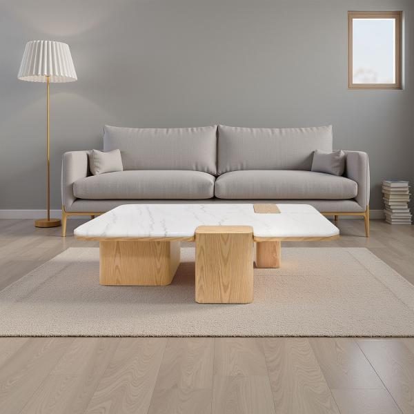 MESA SOFA DELFOS. CHAPA MADERA ROBLE Y TAPA MARMOL BLANCO. 120*70*31 CM