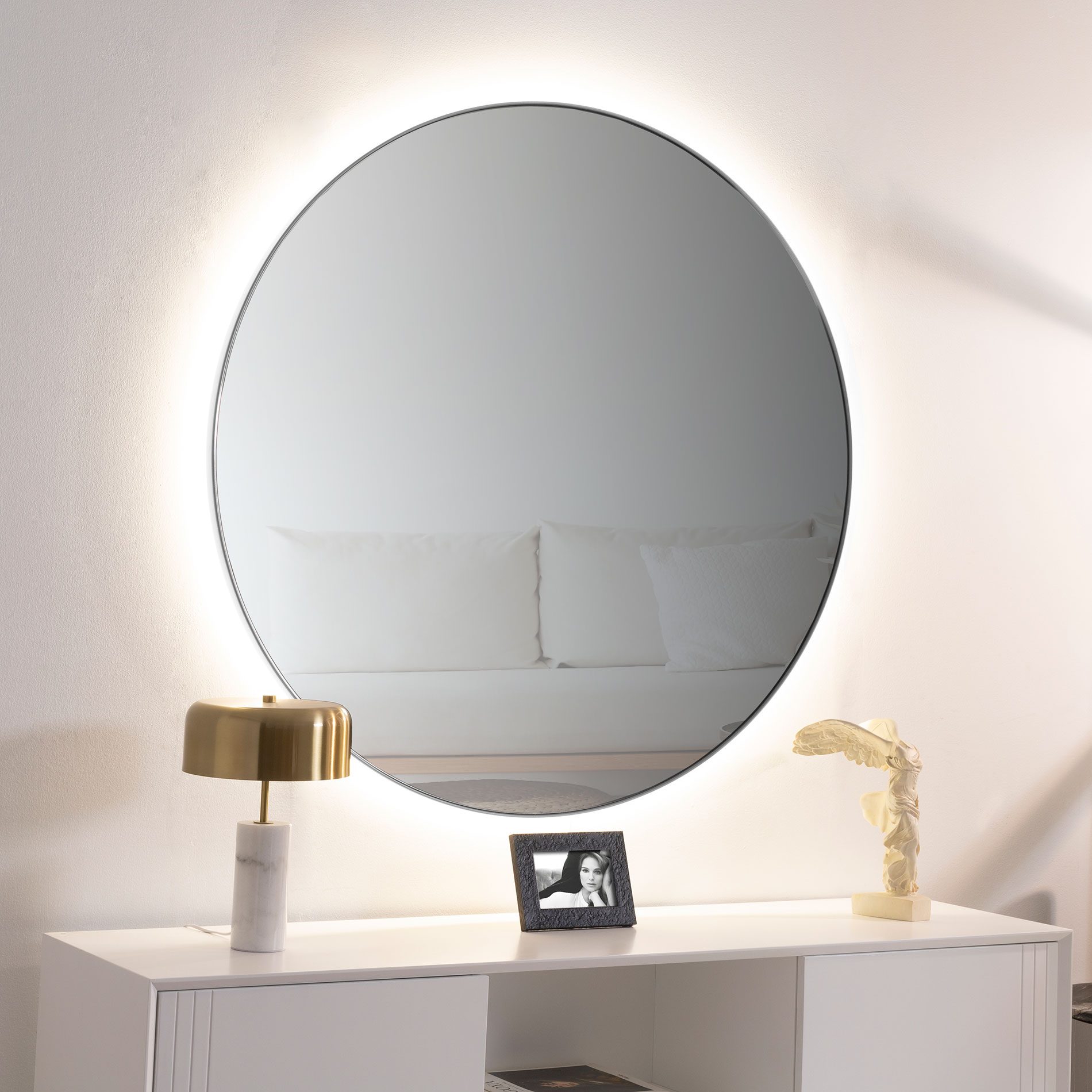 Espejo luz led resina plata redondo 80 cm