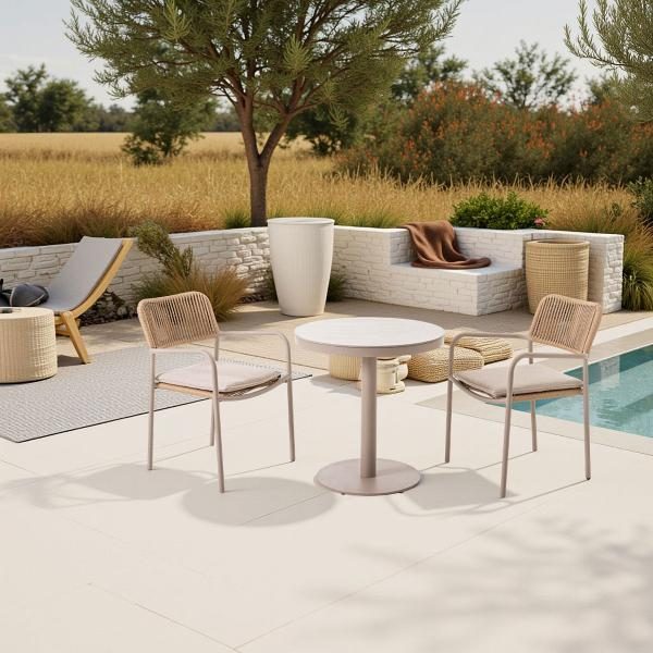 MESA REDONDA ANDREA 70 CM, ALUMINIO BEIGE Y TAPA PORCELANICO EFECTO MARMOL BEIGE. 70*70*74 CM