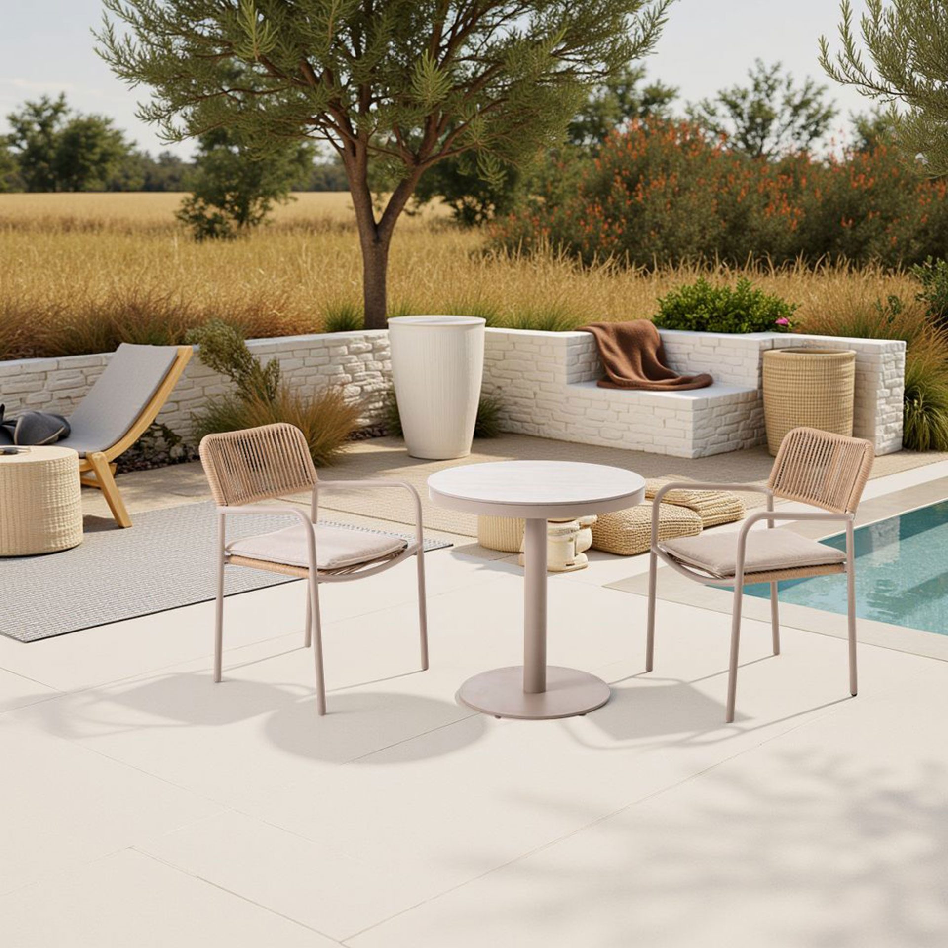 Mesa redonda Martina 80 cm diametro, aluminio blanco y tapa efecto marmol beige