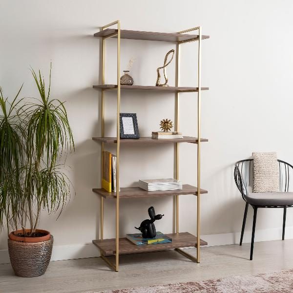 ESTANTERIA DALT 2 BASES METAL ORO CON 5 BALDAS NOGAL  DE 80 CM. 80*40*180 CM