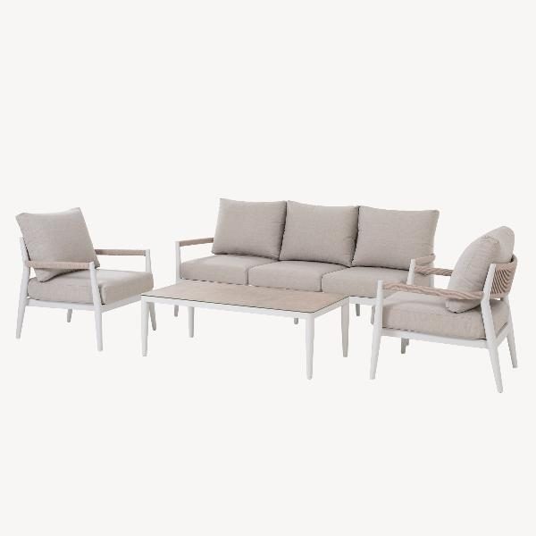 SET TERRAZA FORMENTOR, SOFAS Y MESA DE CENTRO ALUMINIO BLANCO Y ASIENTOS BEIGE