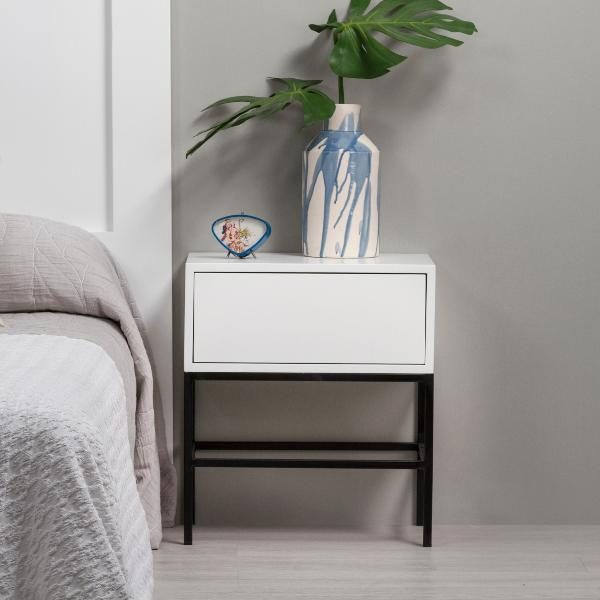 MESITA PUSH 1 CAJON LACADA BLANCO. BASE METAL NEGRO. 48*55*33,5 CM