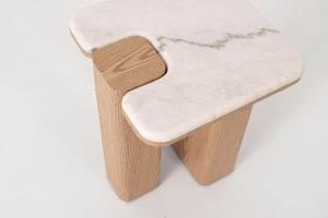 Mesa auxiliar Delfos, chapa roble y porcelanico blanco 51 cm