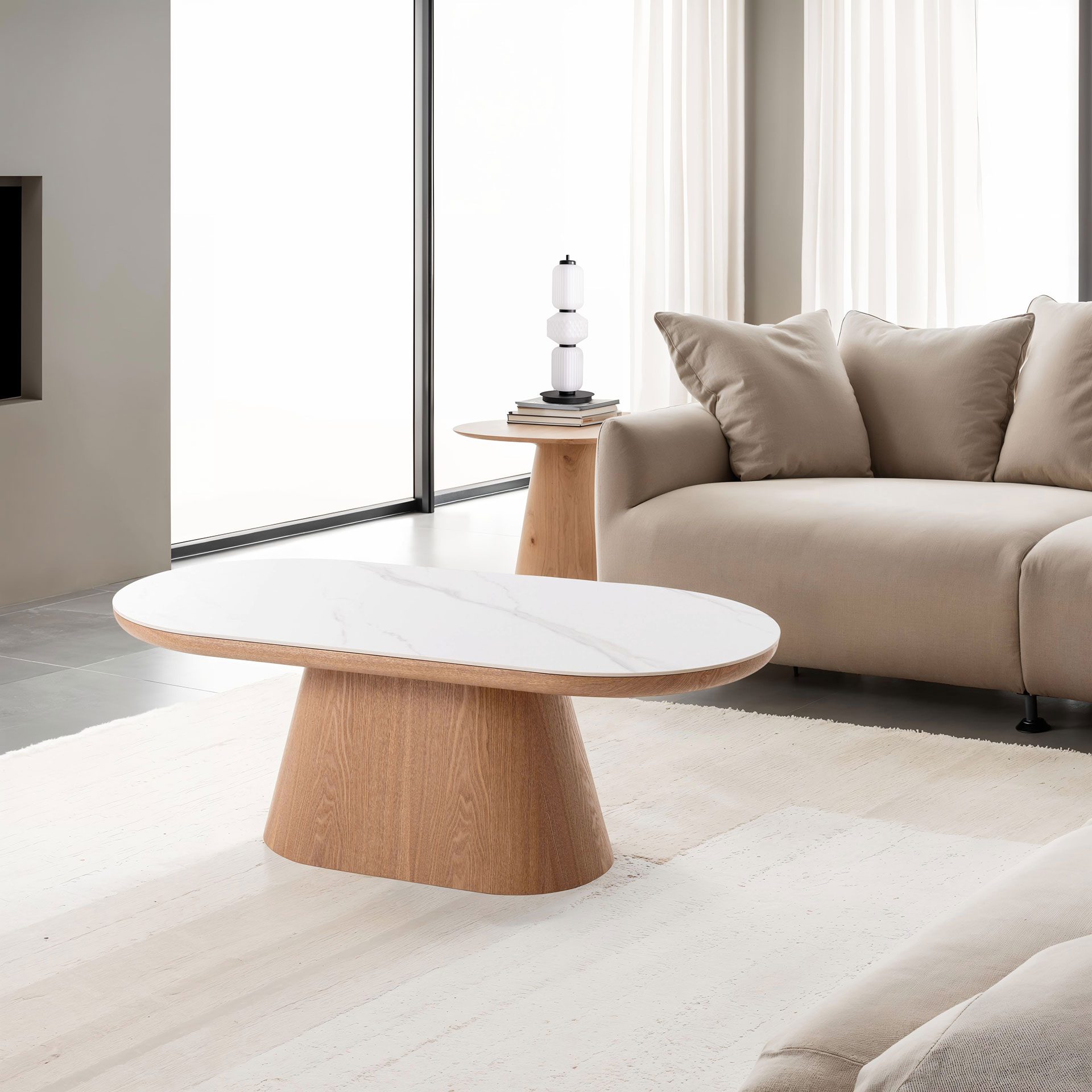 Mesa de sofá 120 cm. Chapa roble y porcelánico blanco