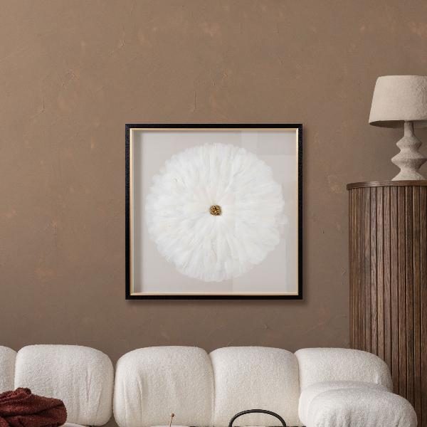 CUADRO VITRINA 80*80 CM, MARCO NEGRO Y DORADO, PLUMAS BLANCAS Y PIEDRA CRISTAL