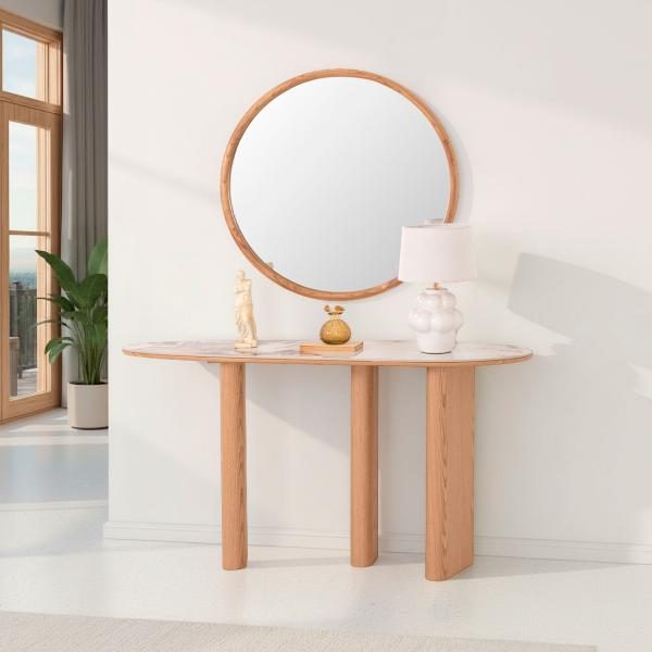 CONSOLA MELANI. CHAPA MADERA ROBLE Y TAPA PORCELÁNICO BLANCO. 150*80*40 CM