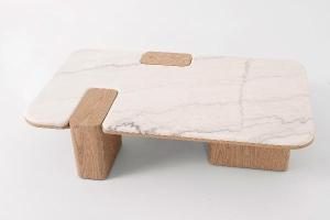Delfos sofa table, oak veneer and white porcelain, 120 cm