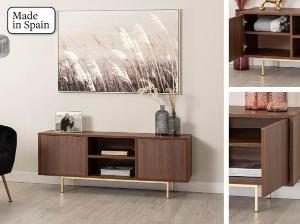 TV cabinet 2 doors + 2 holes, walnut melamine, metal base