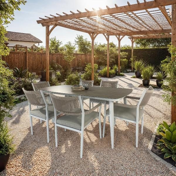 SET COMEDOR TERRAZA MACARELLA,MESA 180*90 + 6 SILLAS ALUMINIO BLANCO Y ASIENTOS BEIGE