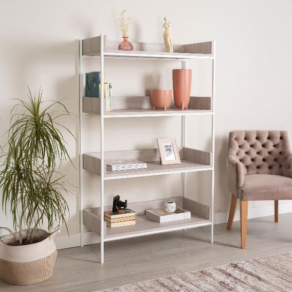 ESTANTERIA NUR METAL BLANCO CON ESTANTES MADERA GRIS 160*40*93 CM