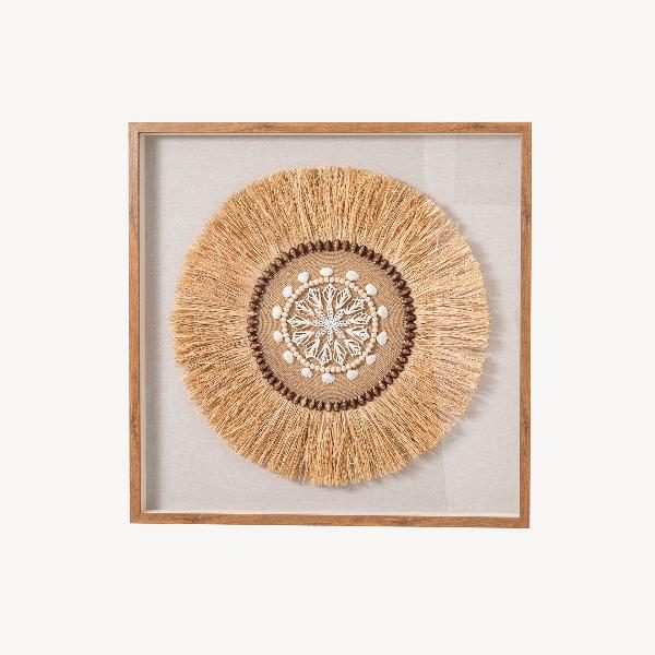 CUADRO VITRINA 100*100 CM, MARCO ROBLE, ESCULTURA FIBRA NATURAL Y CONCHAS MARINAS